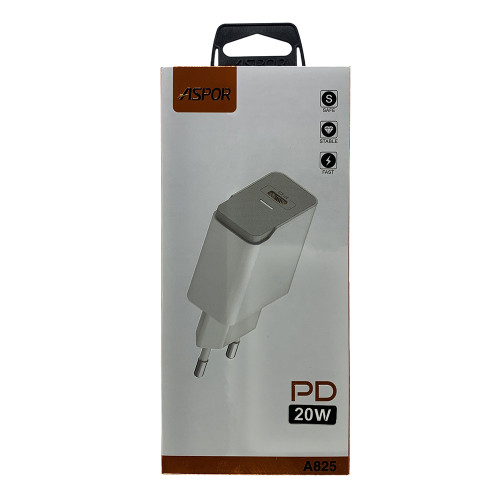Мережевий зарядний пристрій Aspor A825 PD QC3.0 (20W PD) + USB кабель Type-C - Type-C- білий
