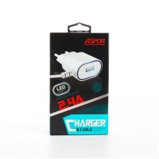 Мережевий зарядний пристрій Aspor A802 Plus (1USB/2.4A) LED + USB кабель Lightning- білий