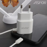 Мережевий зарядний пристрій Aspor A802 Plus (1USB/2.4A) LED + USB кабель Lightning- білий