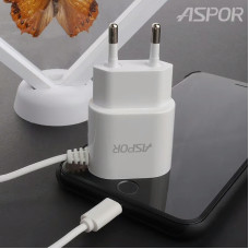 Мережевий зарядний пристрій Aspor A802 Plus (1USB/2.4A) LED + USB кабель Lightning- білий