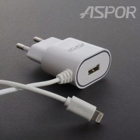 Мережевий зарядний пристрій Aspor A802 Plus (1USB/2.4A) LED + USB кабель Lightning- білий