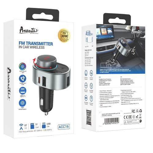 Bluetooth FM модулятор (трансмиттер) Avantis ACC16 PD30W- черный