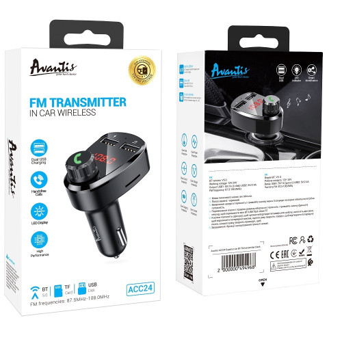 Bluetooth FM модулятор (трансмиттер) Avantis ACC24 BT- черный