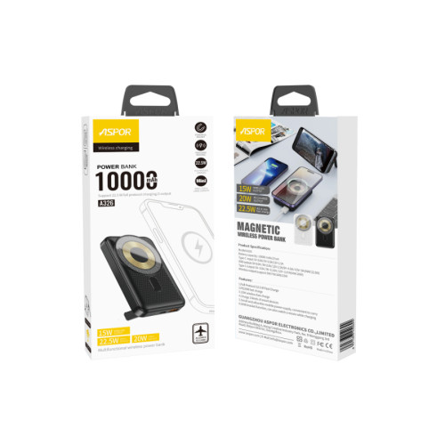 Портативний зарядний пристрій (Повербанк) Aspor A326 Magnetic Wireless 10000mAh (USB/Type-C/22.5W)- чорний