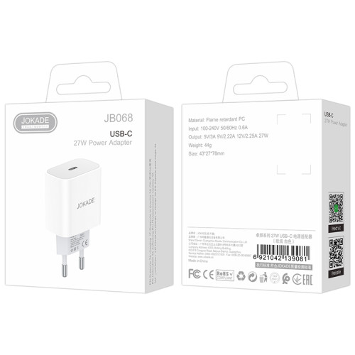 Мережевий зарядний пристрій Jokade JB068 (USB-C/27W)- білий