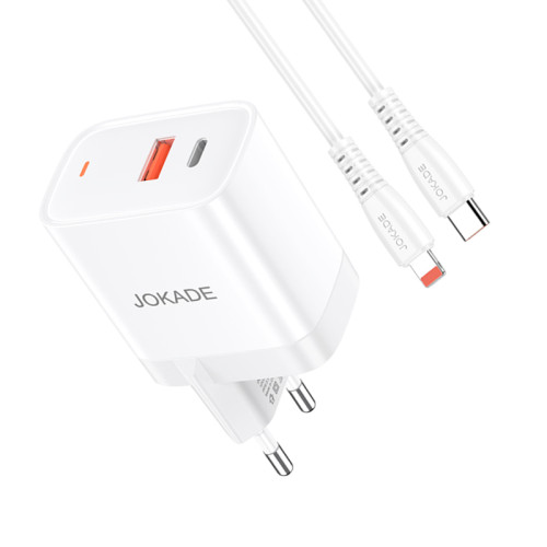 Мережевий зарядний пристрій Jokade JB082 (USB/USB-C/30W/QC3.0) + кабель Type-C – Lightning- білий