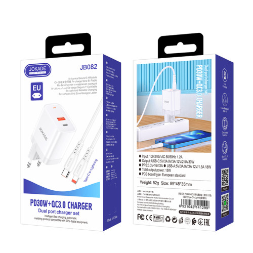 Мережевий зарядний пристрій Jokade JB082 (USB/USB-C/30W/QC3.0) + кабель Type-C – Lightning- білий