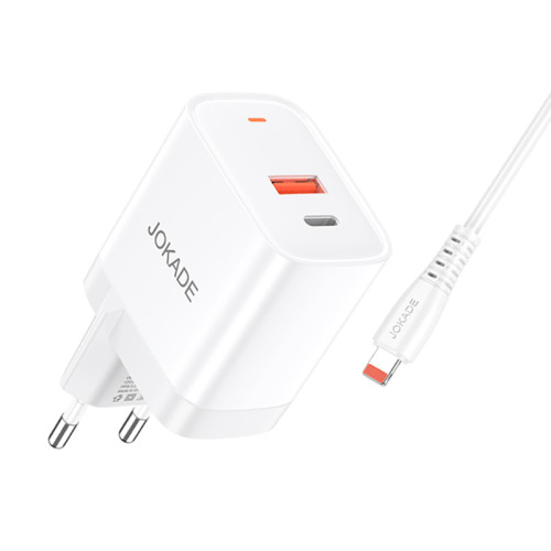 Мережевий зарядний пристрій Jokade JB082 (USB/USB-C/30W/QC3.0) + кабель Type-C – Lightning- білий