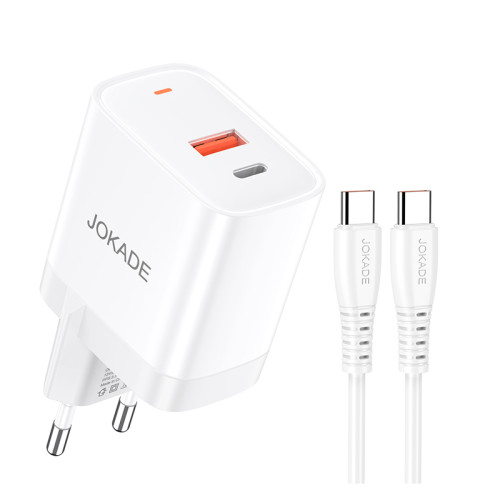 Мережевий зарядний пристрій Jokade JB082 (USB/USB-C/30W/QC3.0) + кабель Type-C – Type-C- білий