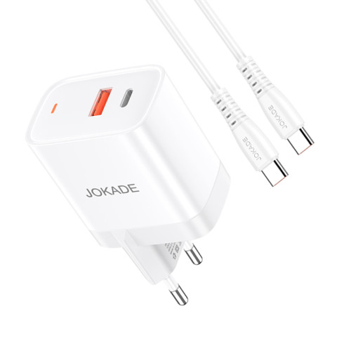 Мережевий зарядний пристрій Jokade JB082 (USB/USB-C/30W/QC3.0) + кабель Type-C – Type-C- білий
