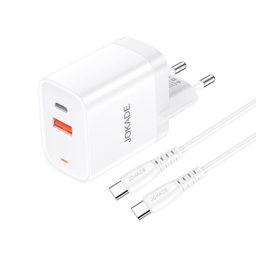 Мережевий зарядний пристрій Jokade JB082 (USB/USB-C/30W/QC3.0) + кабель Type-C – Type-C- білий