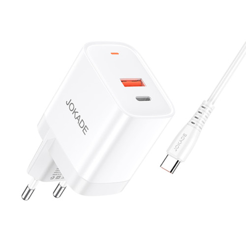Мережевий зарядний пристрій Jokade JB082 (USB/USB-C/30W/QC3.0) + кабель Type-C – Type-C- білий