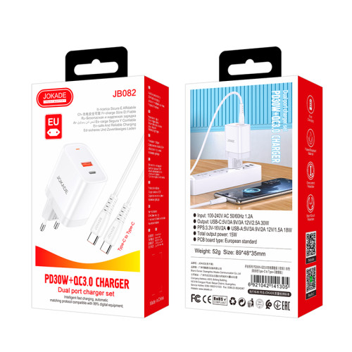 Мережевий зарядний пристрій Jokade JB082 (USB/USB-C/30W/QC3.0) + кабель Type-C – Type-C- білий