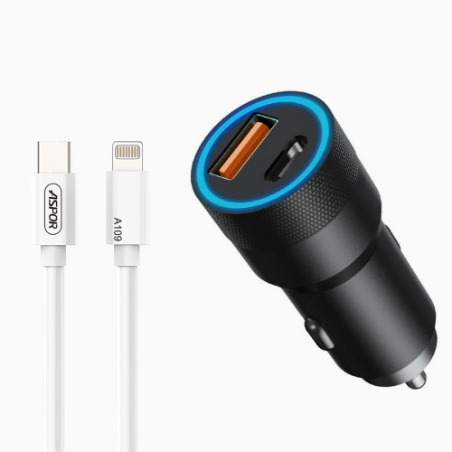 Автомобільний зарядний пристрій Aspor A909 PD Metal (USB/USB-C/3.4A/38W) LED + кабель Type-C – Lightning- чорний