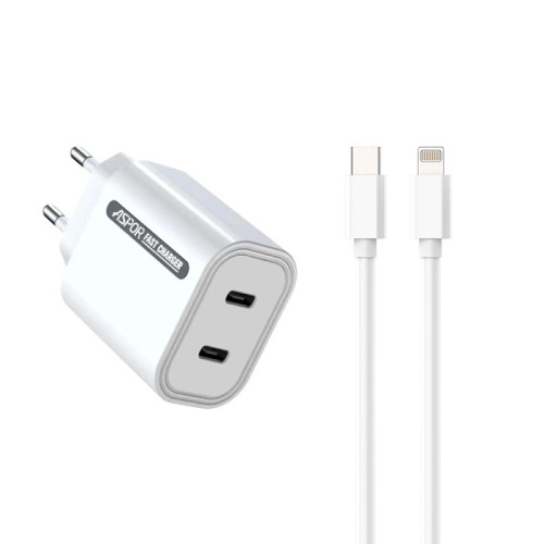 Мережевий зарядний пристрій Aspor A807 (USB-C/USB-C/3A/45W) + кабель Type-C – Lightning- білий
