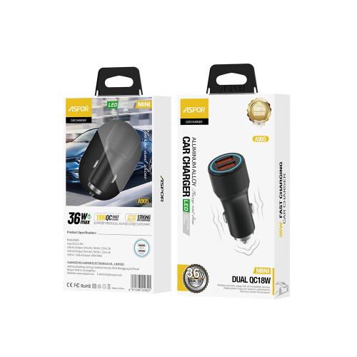 Автомобільний зарядний пристрій Aspor A905 (2USB/3A/36W)- графіт