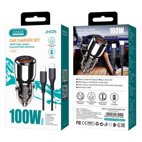 Автомобільний зарядний пристрій Jokade JH026 (USB/USB-C/100W) + кабель Type-C - Type-C-  чорний