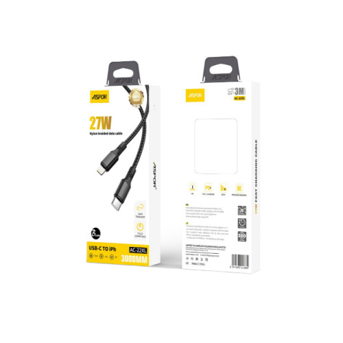 Кабель Aspor AC-22XL Nylon Cable Type-C – Lightning 27W/3м- черный