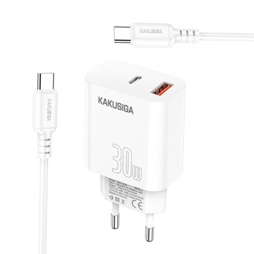 Зарядний пристрій Kakusiga KSC-1640 (1USB/USB-C/30W) + кабель Type-C - Type-C- білий