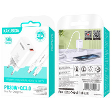 Зарядний пристрій Kakusiga KSC-1640 (1USB/USB-C/30W) + кабель Type-C - Type-C- білий