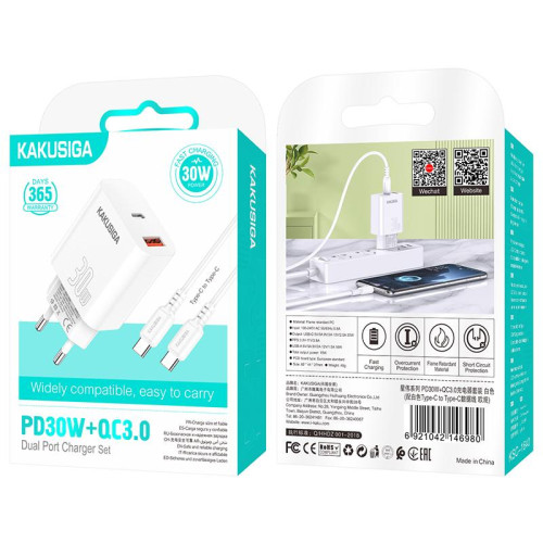 Зарядний пристрій Kakusiga KSC-1640 (1USB/USB-C/30W) + кабель Type-C - Type-C- білий