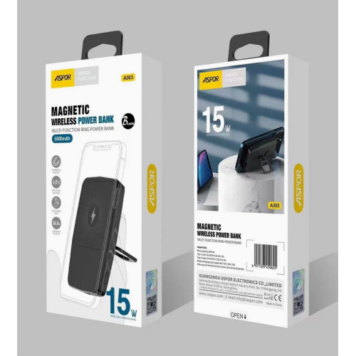 Портативний зарядний пристрій (Повербанк) Aspor A303 Magnetic Wireless 5000mAh (USB/Type-C/15W)- білий