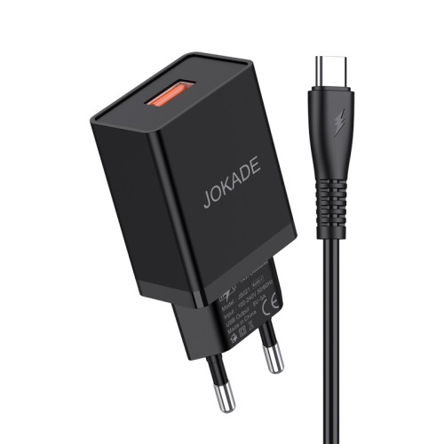 Мережевий зарядний пристрій Jokade JB022 (USB/5A) + кабель Type-C- чорний