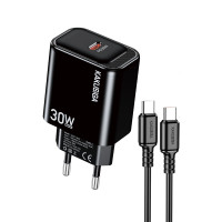 Мережевий зарядний пристрій Kakusiga KSC-1660 (USB-C/30W) + кабель Type-C - Type-C- чорний