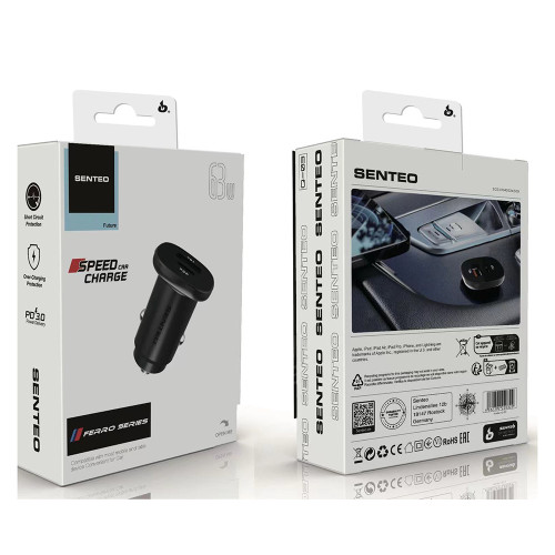 Автомобільний зарядний пристрій Senteo Q-03 USB-A/18W+USB-C/45W PD63W (CE Сертификат)- чорний