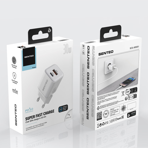Сетевое зарядное устройство Senteo Z-10 USB-C+USB-A PD30W/GaN/QC3.0 18W (CE Сертификат)- белый