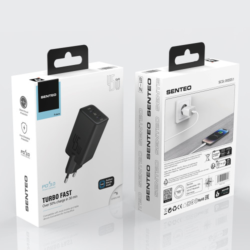 Сетевое зарядное устройство Senteo Z-12 USB-C+USB-C PD45W/GaN  (CE Сертификат)- черный
