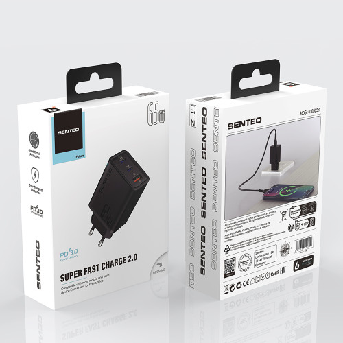 Сетевое зарядное устройство Senteo Z-14 USB-C+USB-C+USB-A PD65W/QC3.0 (CE Сертификат)- черный