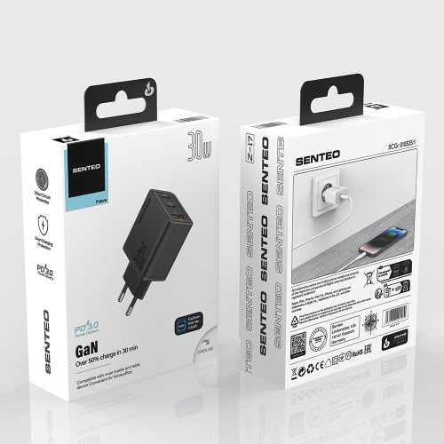 Мережевий зарядний пристрій Senteo Z-17 USB-C+USB-C+USB-A PD30W/GaN/QC3.0  (CE Сертифікат)- чорний