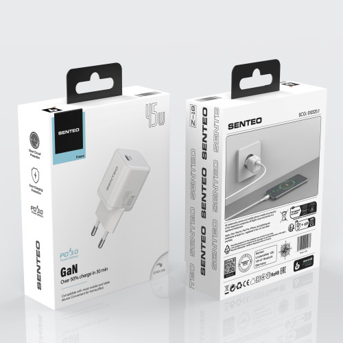 Сетевое зарядное устройство Senteo Z-18 USB-C 3A PD45W/Gan Mini (CE Сертификат)- белый