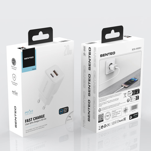 Сетевое зарядное устройство Senteo Z-22 USB-C+USB-A PD20W/GaN/QC3.0 18W (CE Сертификат)- белый