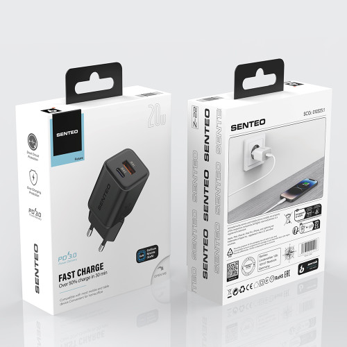 Сетевое зарядное устройство Senteo Z-22 USB-C+USB-A PD20W/GaN/QC3.0 18W (CE Сертификат)- черный