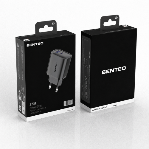 Мережевий зарядний пристрій Senteo T-04 USB-C+USB-A PD25W/QC3.0 18W version2 (CE Сертифікат)- чорний