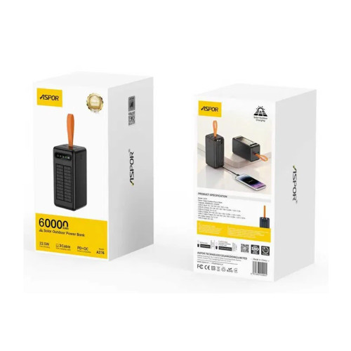 Портативное зарядное устройство (Повербанк) Aspor A376 60000mAh (3USB/Lightning/Type-C/22.5W)- черный