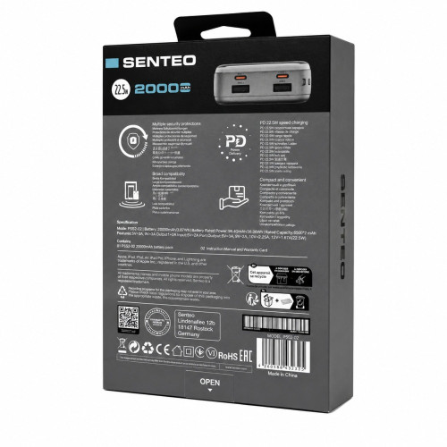 Портативний зарядний пристрій (Повербанк) Senteo PS2-02 20000mAh 22.5W- чорний-сірий