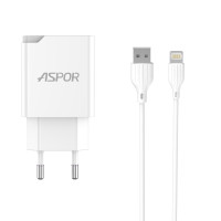Сетевое зарядное устройство Aspor A826 PD (20W/USB/Type-C) + кабель USB –  Lightning- белый
